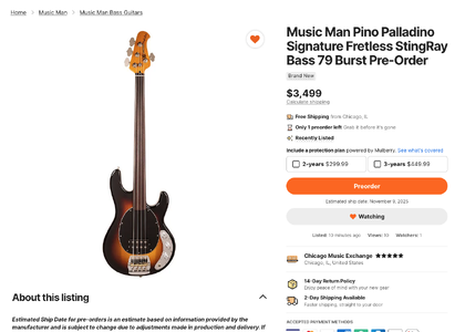 New Music Man Pino Palladino Signature Fretless StingRay