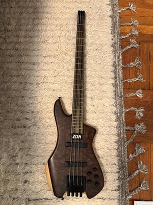Zon Vinny VB-4 Headless Bass (2012) – Burl Redwood Top – Excellent Condition