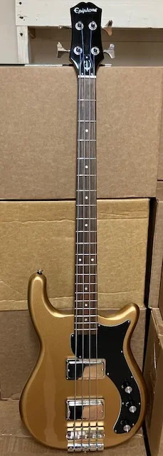 Epiphone Embassy Bass- Gold, Ernie Ball flats & Elixirs both, Indonesia