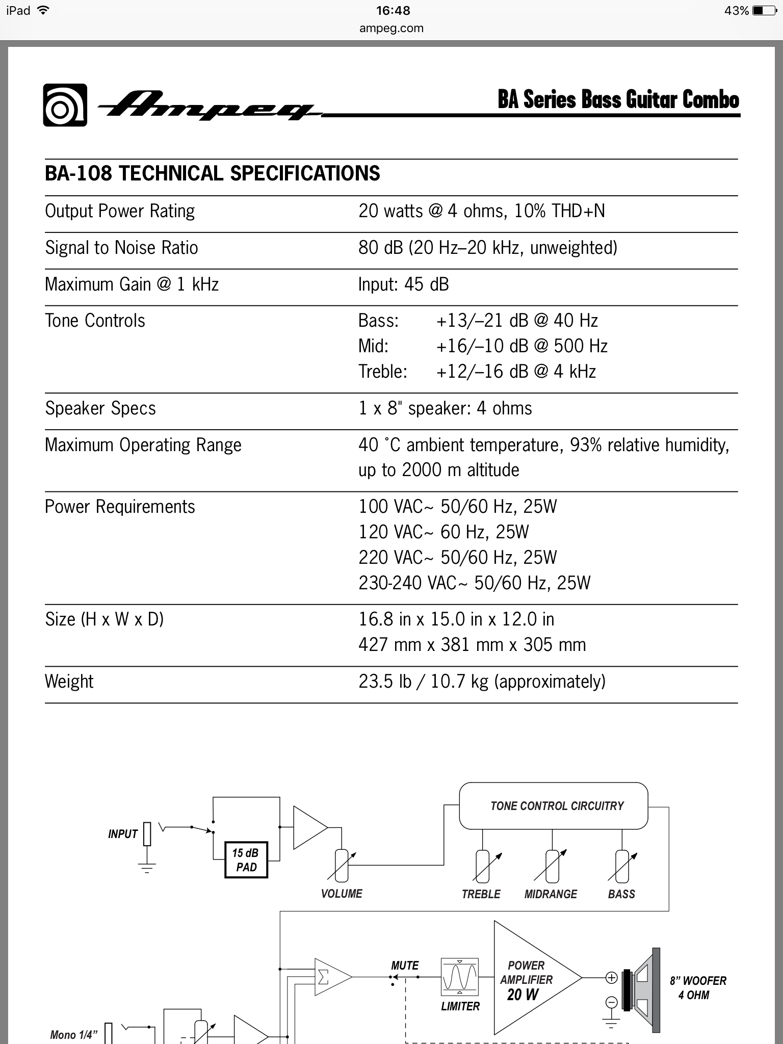 Ampeg Ba108 specifications